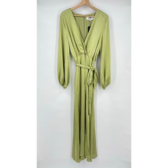 ELLIATT | Kai Maxi Dress in Avocado Green Satin Surplice Balloon Sleeve L - Picture 3 of 16